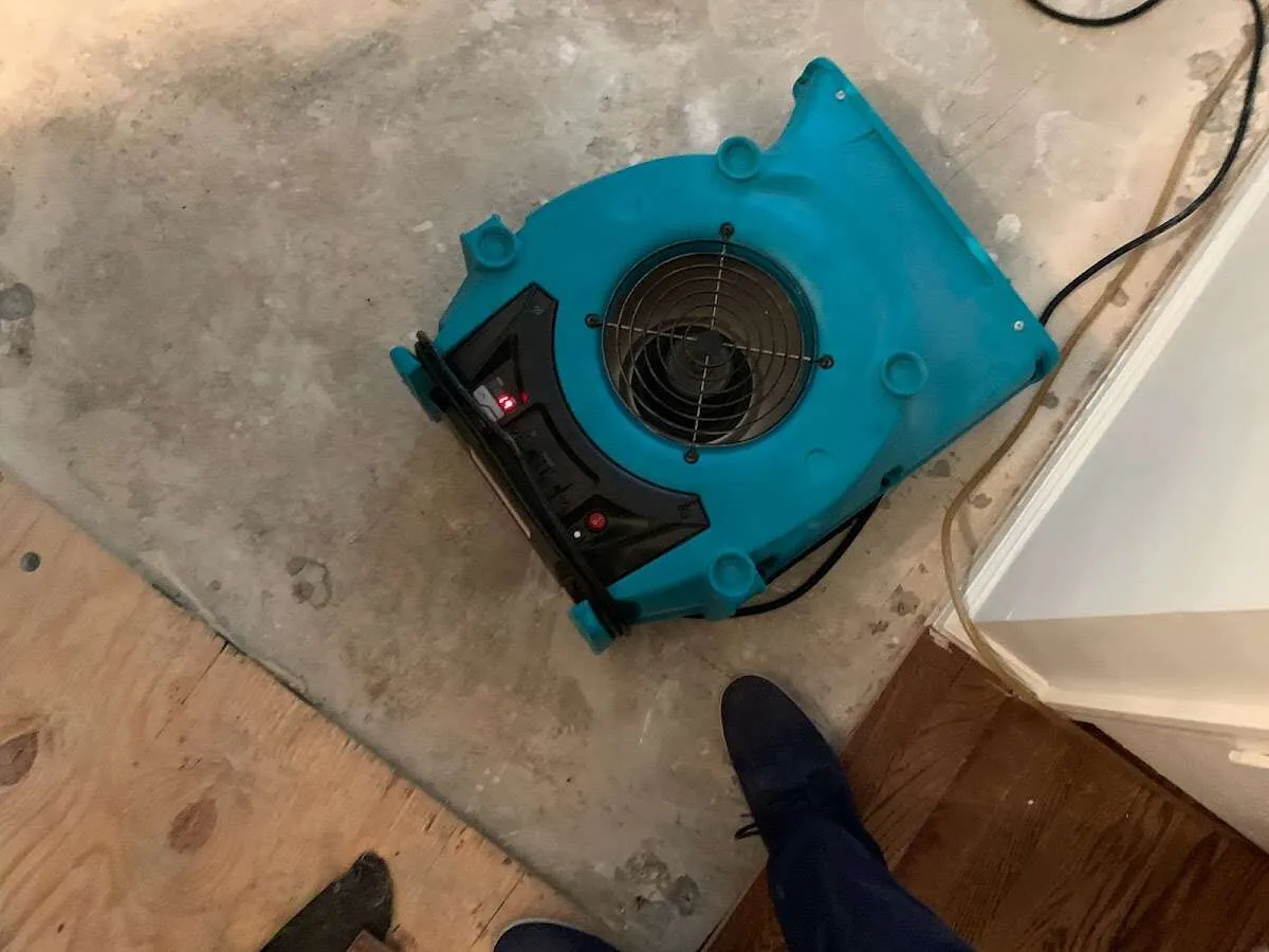 Air mover drying subfloor during Leak Detection & Repair in Lone Grove